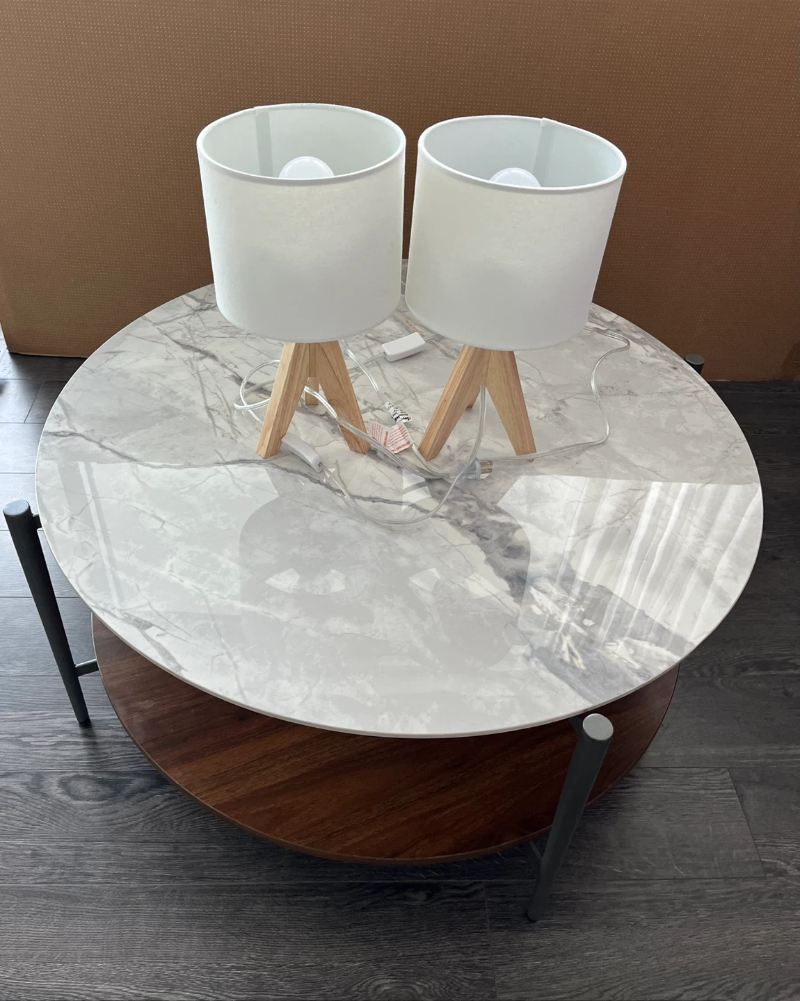 Pair of White Fabric Table Lamps with Wooden Base