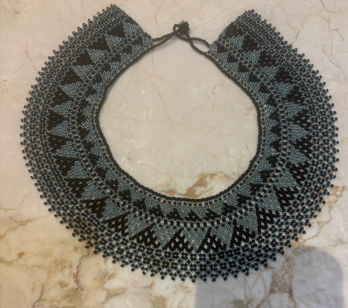 Hand Beaded Collar Necklace: Blue & Black Glass Seed Beads