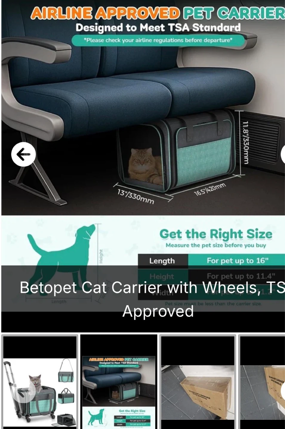 Betopet Cat Carrier with Wheels, TSA Approved - photo 2