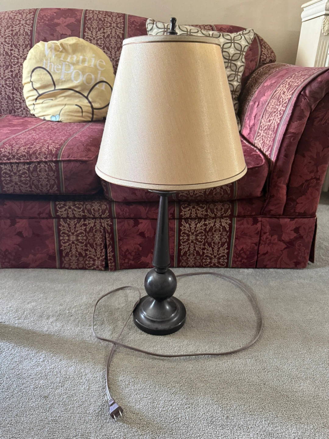 Dark Wood Table Lamp with Tan Shade