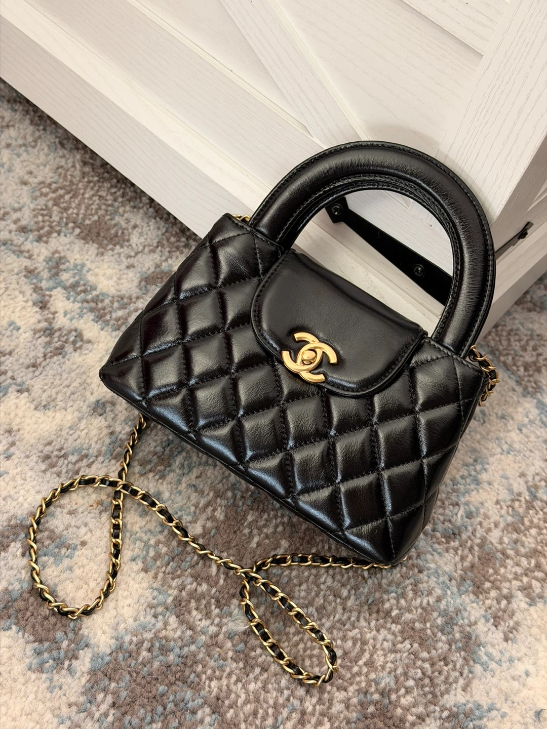 Chanel Small Kelly Black Shiny Calfskin Brushed Gold Hardware