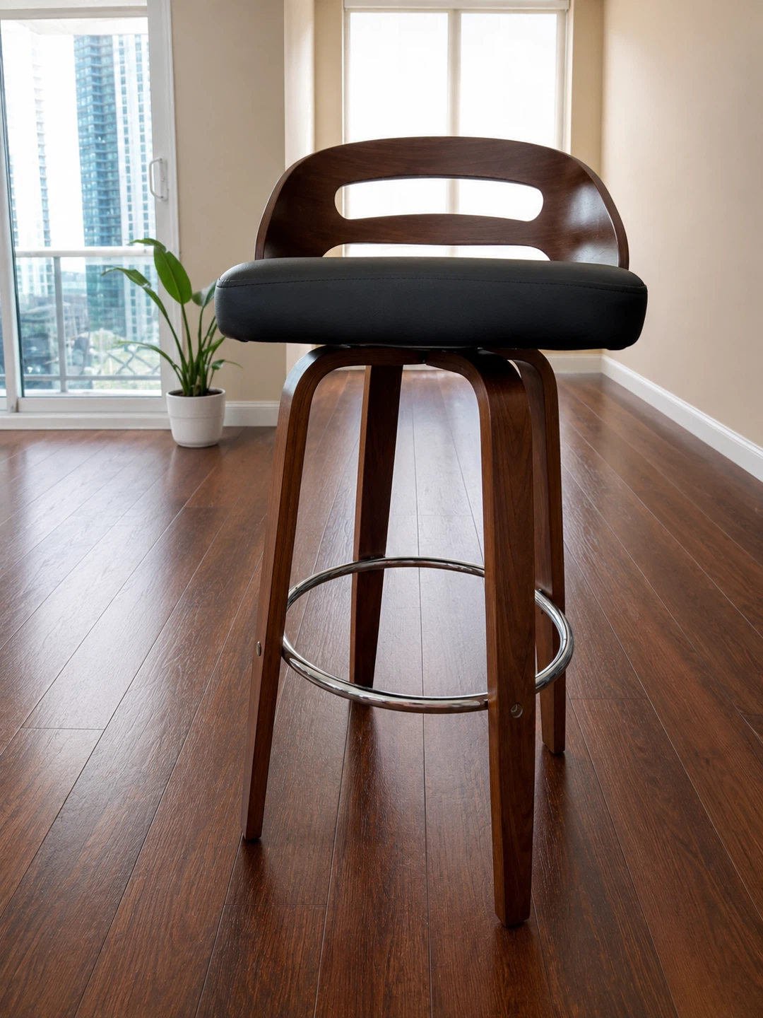 2 Wooden Bar Stool with Black Faux Leather Seat