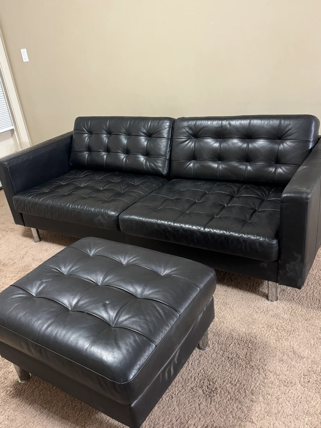 Black Leather Tufted Sofa with Ottoman