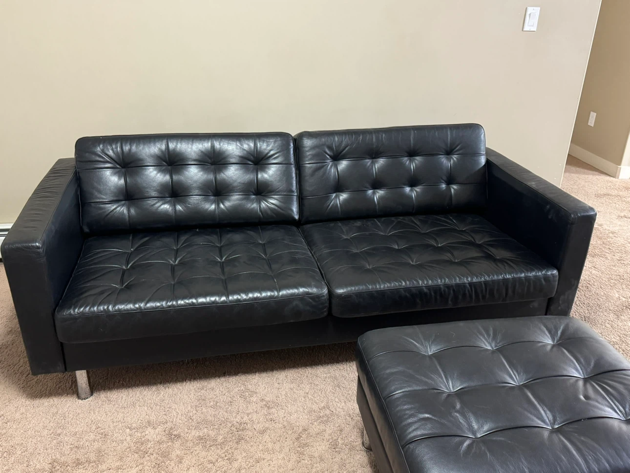 Black Leather Tufted Sofa with Ottoman - photo 2