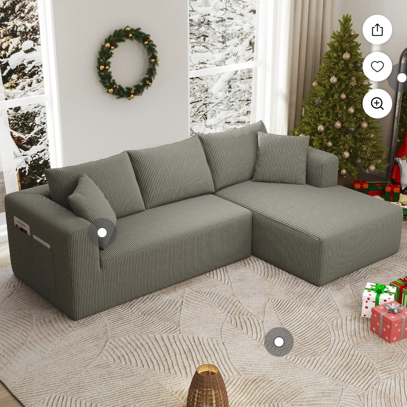 Gray Corduroy Sectional Sofa with Deep Seat