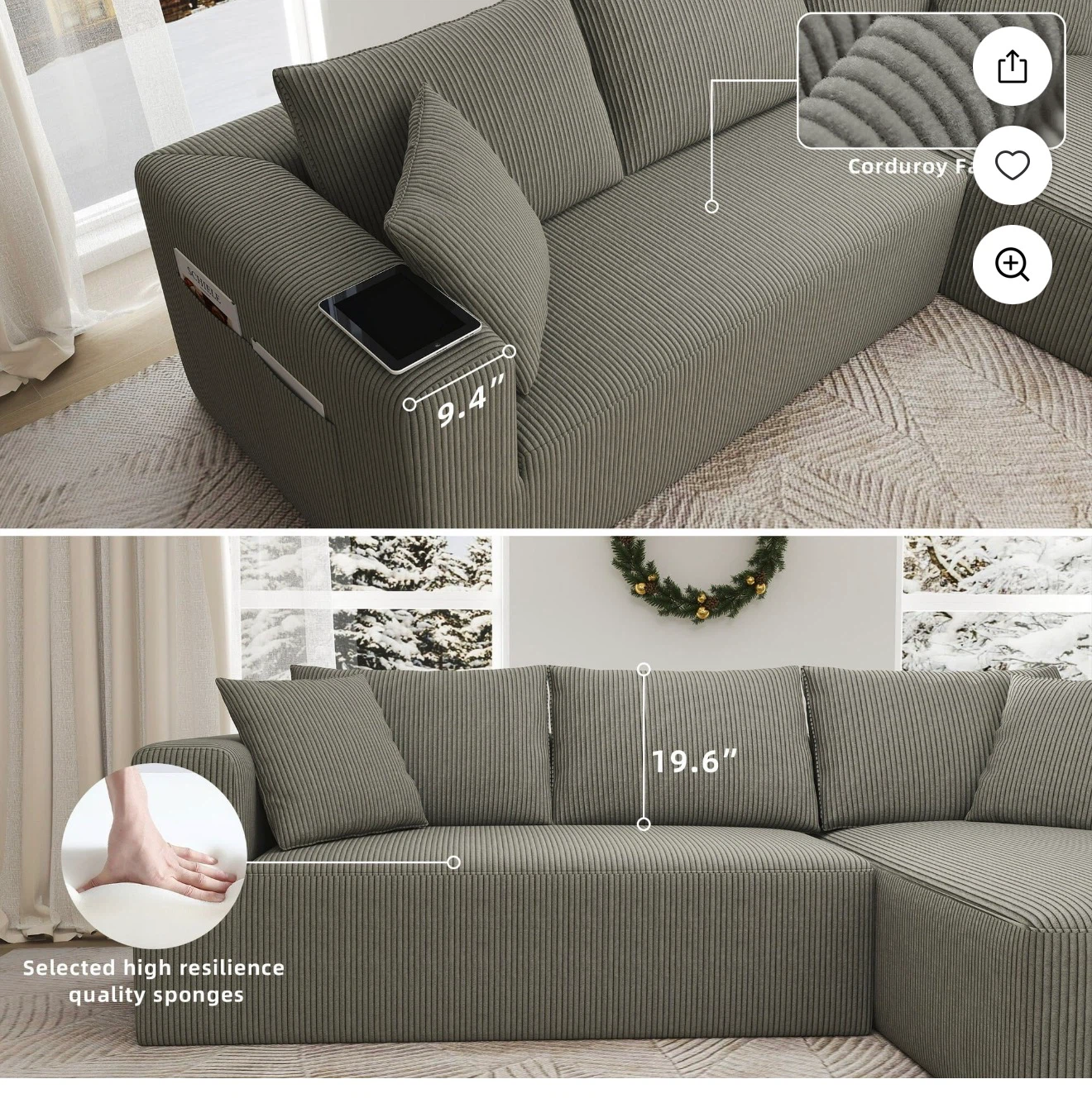 Gray Corduroy Sectional Sofa with Deep Seat - photo 2