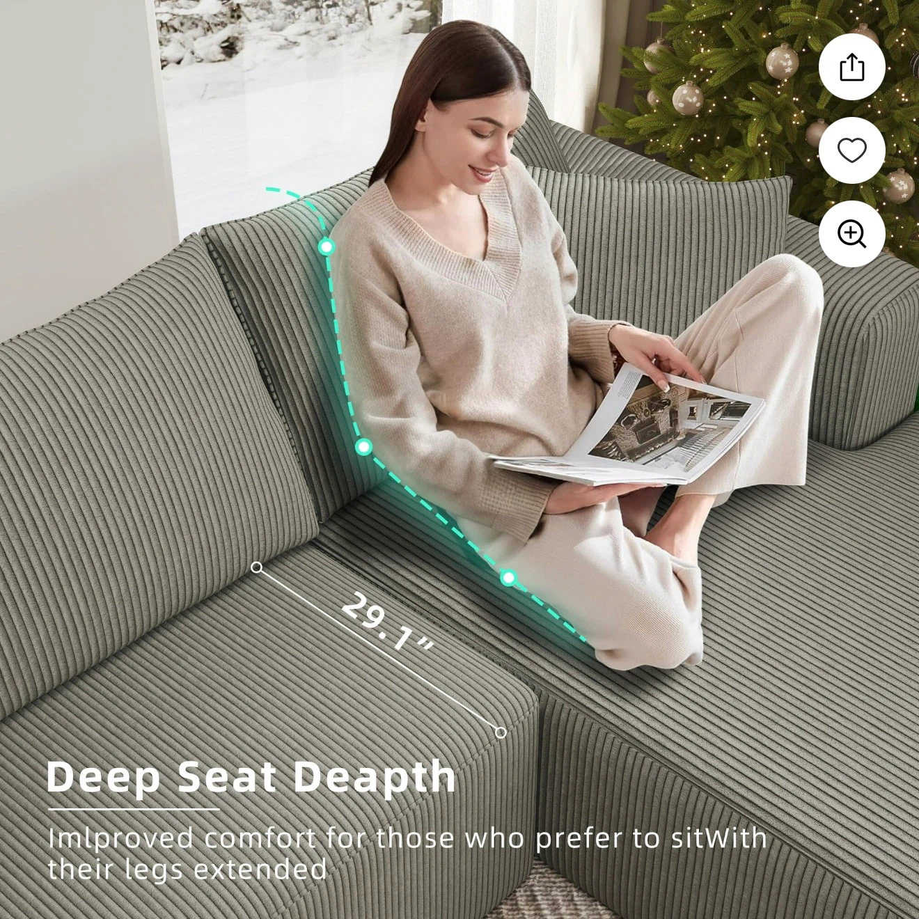 Gray Corduroy Sectional Sofa with Deep Seat - photo 3