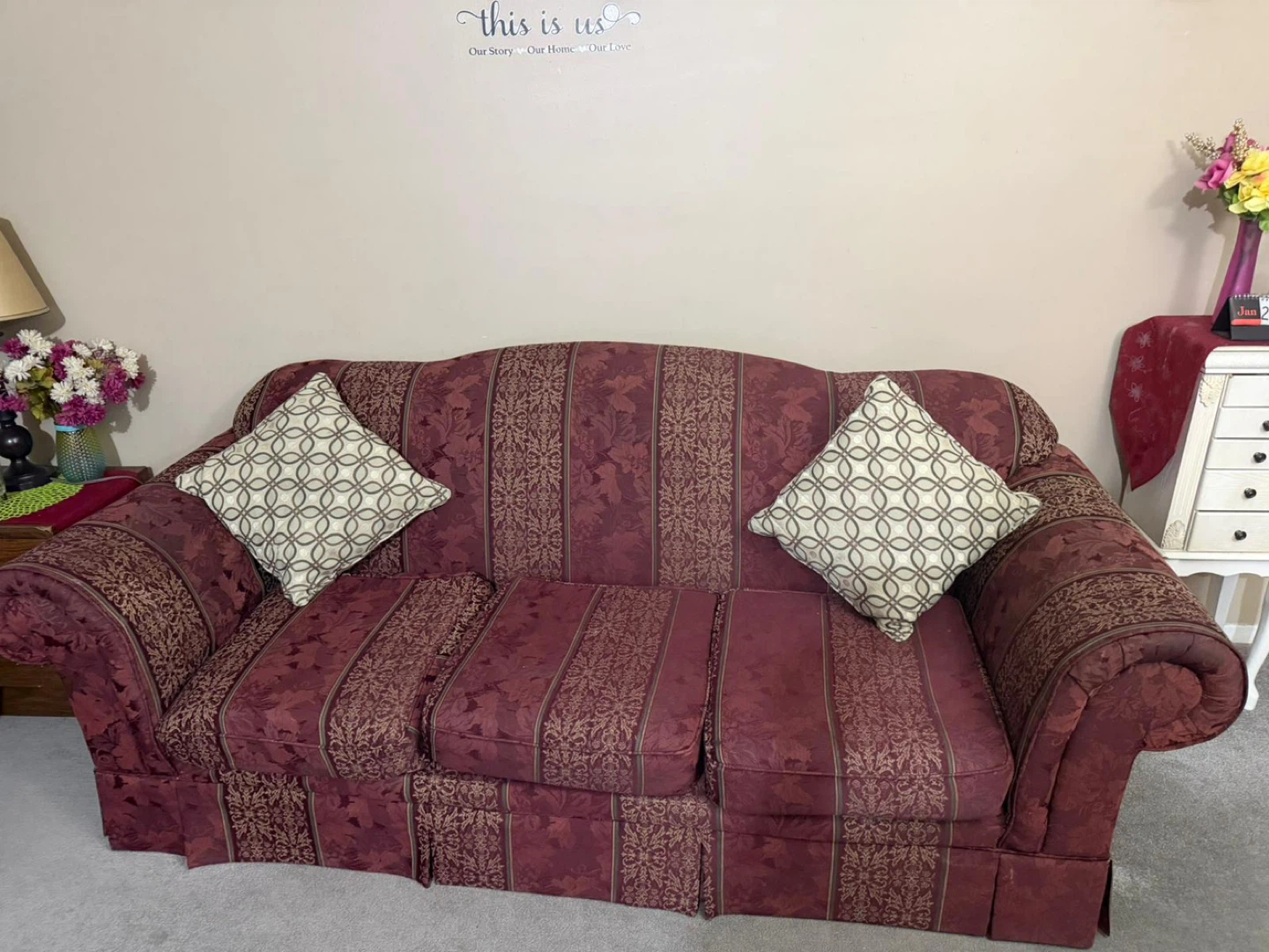 Maroon Floral Sofa with Pillows