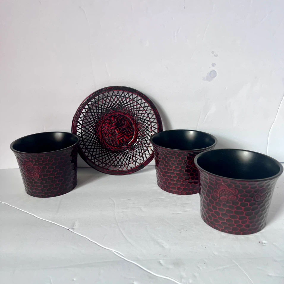 Set of 3 Red Black Japanese Style Cups with Decorative Tray