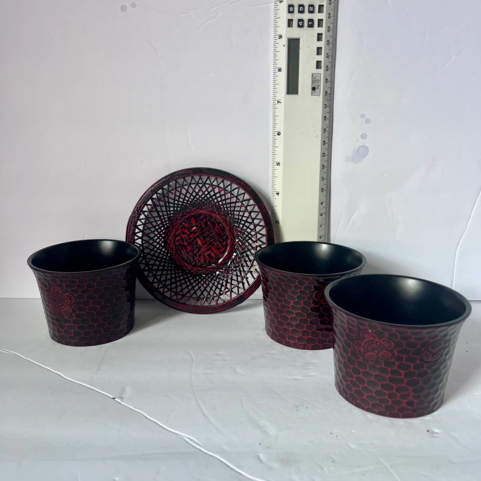 Set of 3 Red Black Japanese Style Cups with Decorative Tray - photo 2