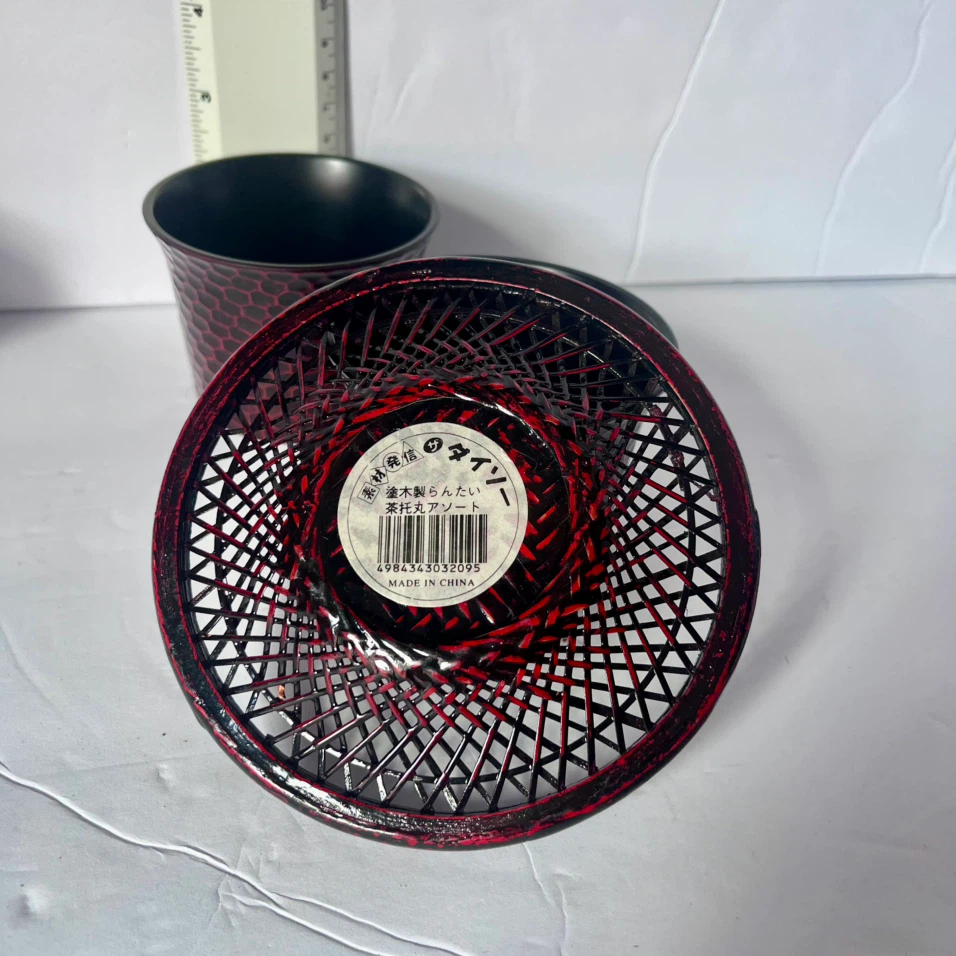 Set of 3 Red Black Japanese Style Cups with Decorative Tray - photo 3
