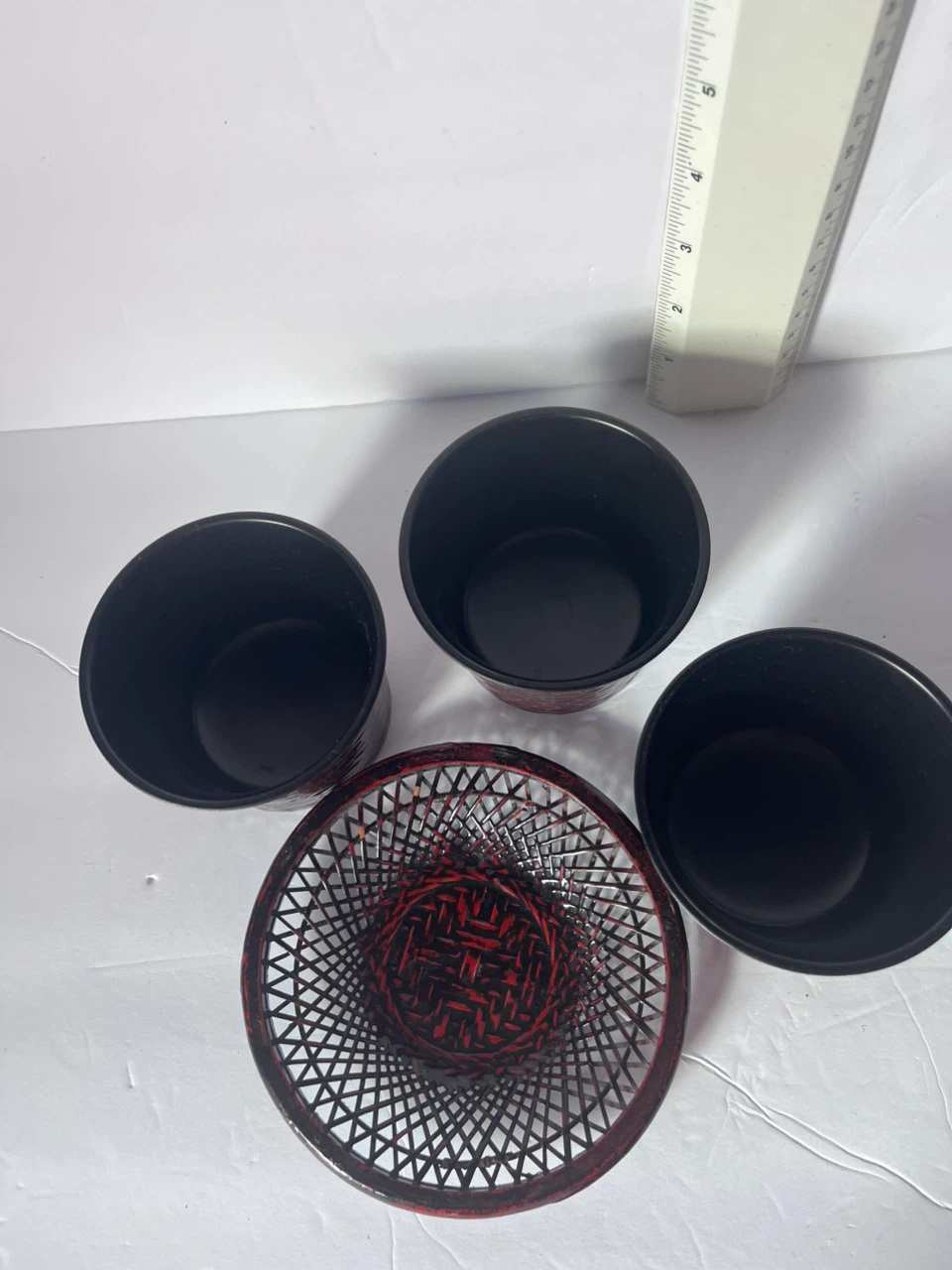 Set of 3 Red Black Japanese Style Cups with Decorative Tray - photo 4