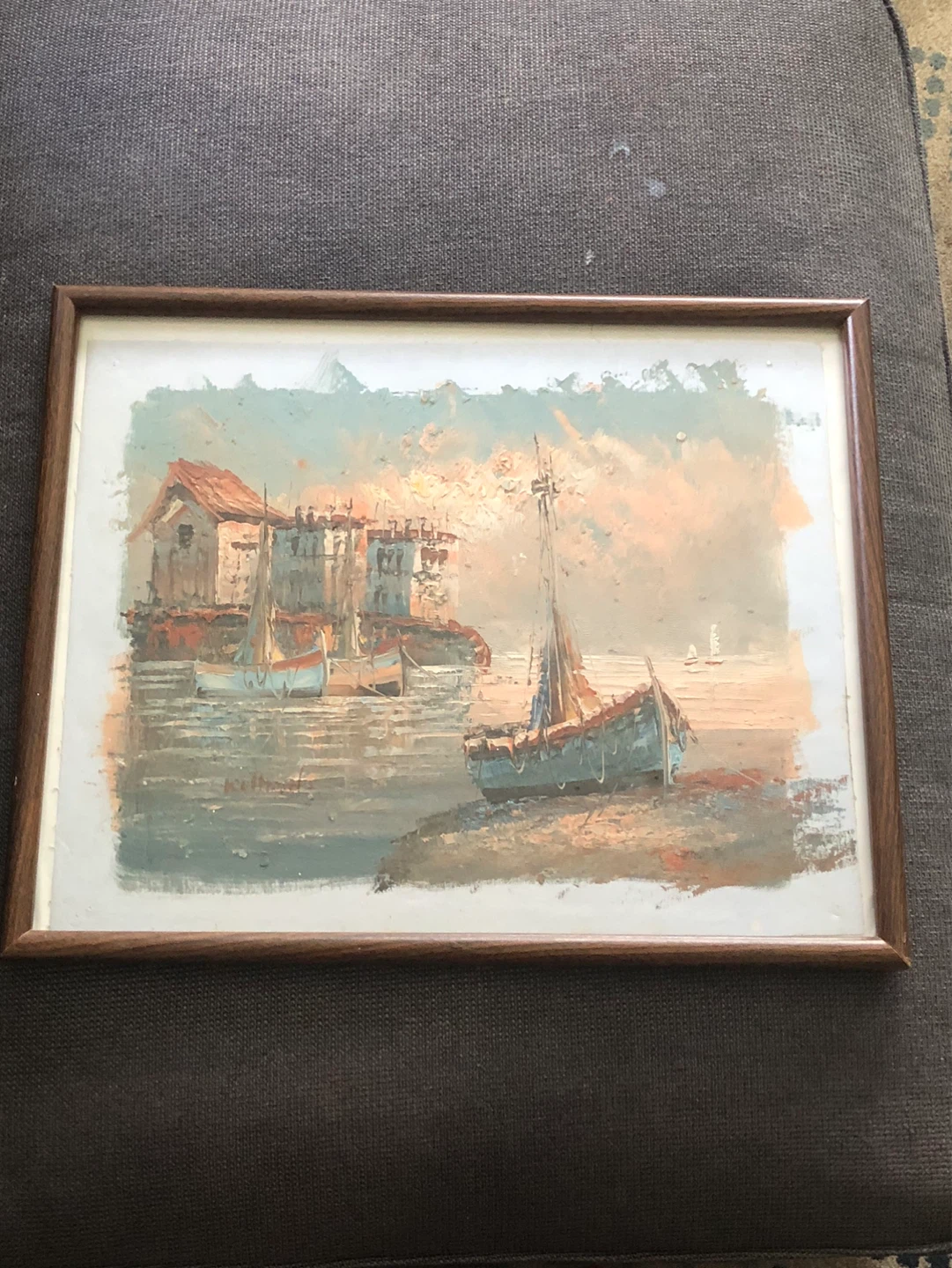 Vintage Seascape Painting with Boats