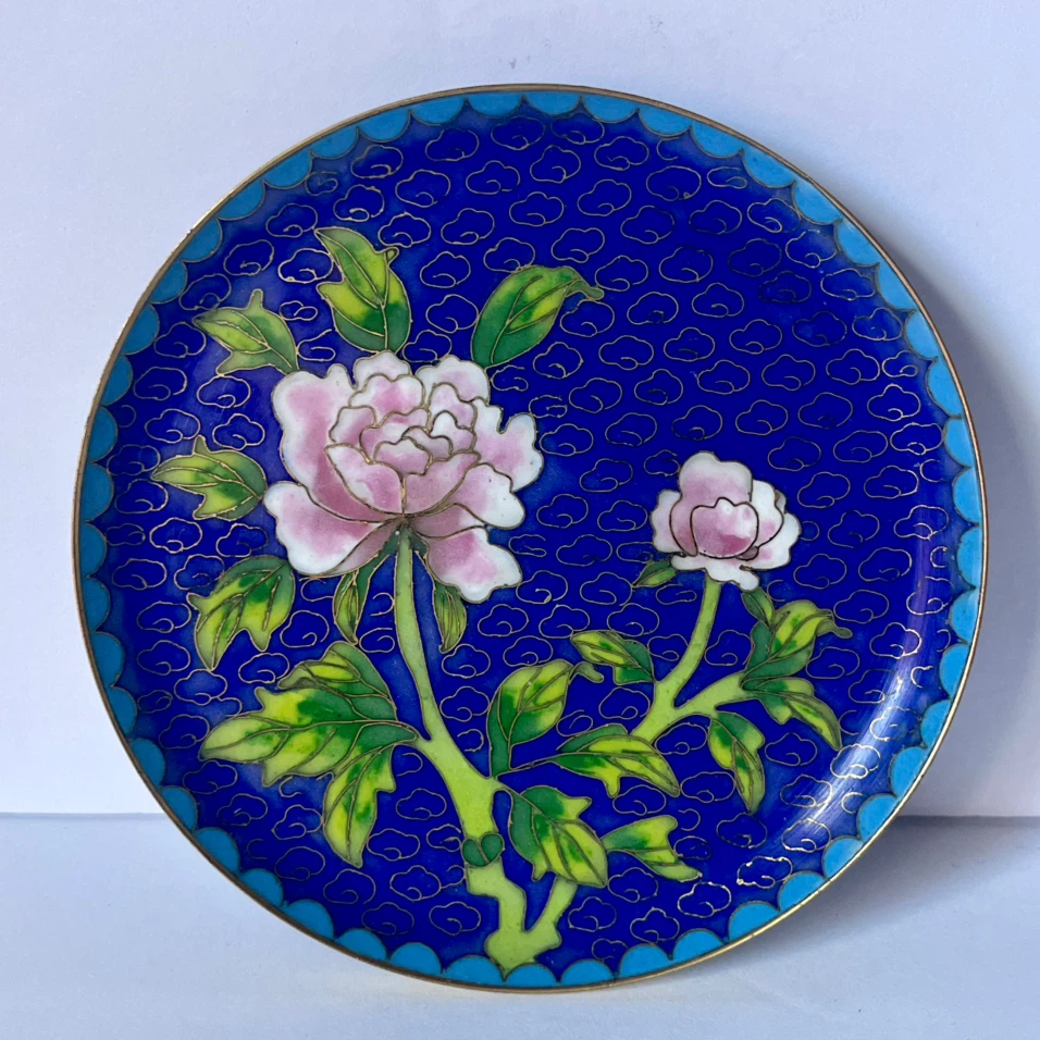 Cloisonne Plate Pink Peony Floral Blue