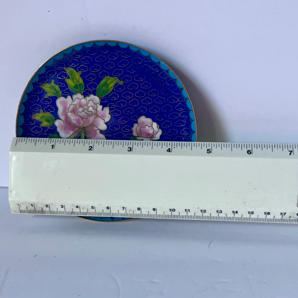 Cloisonne Plate Pink Peony Floral Blue - photo 2