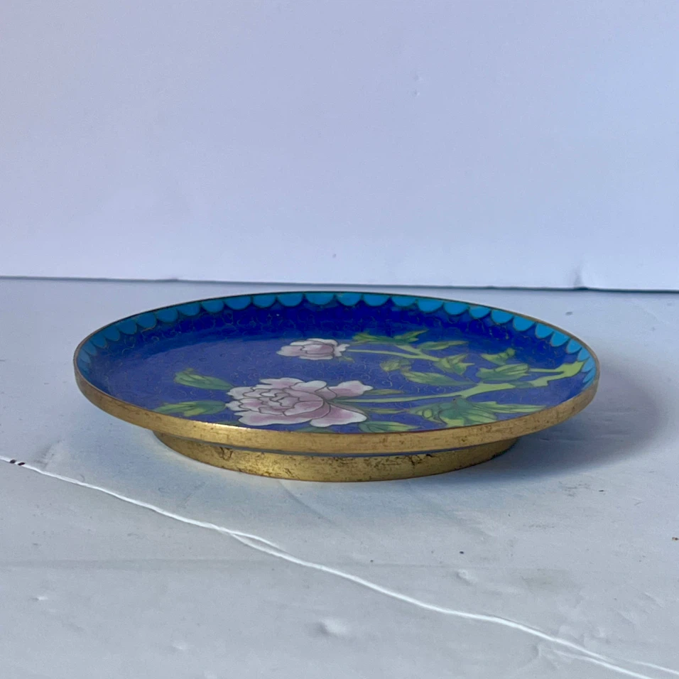 Cloisonne Plate Pink Peony Floral Blue - photo 4