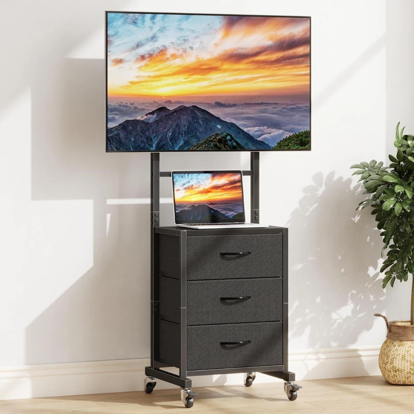 Adjustable Mobile TV Stand with 3 Fabric Drawers