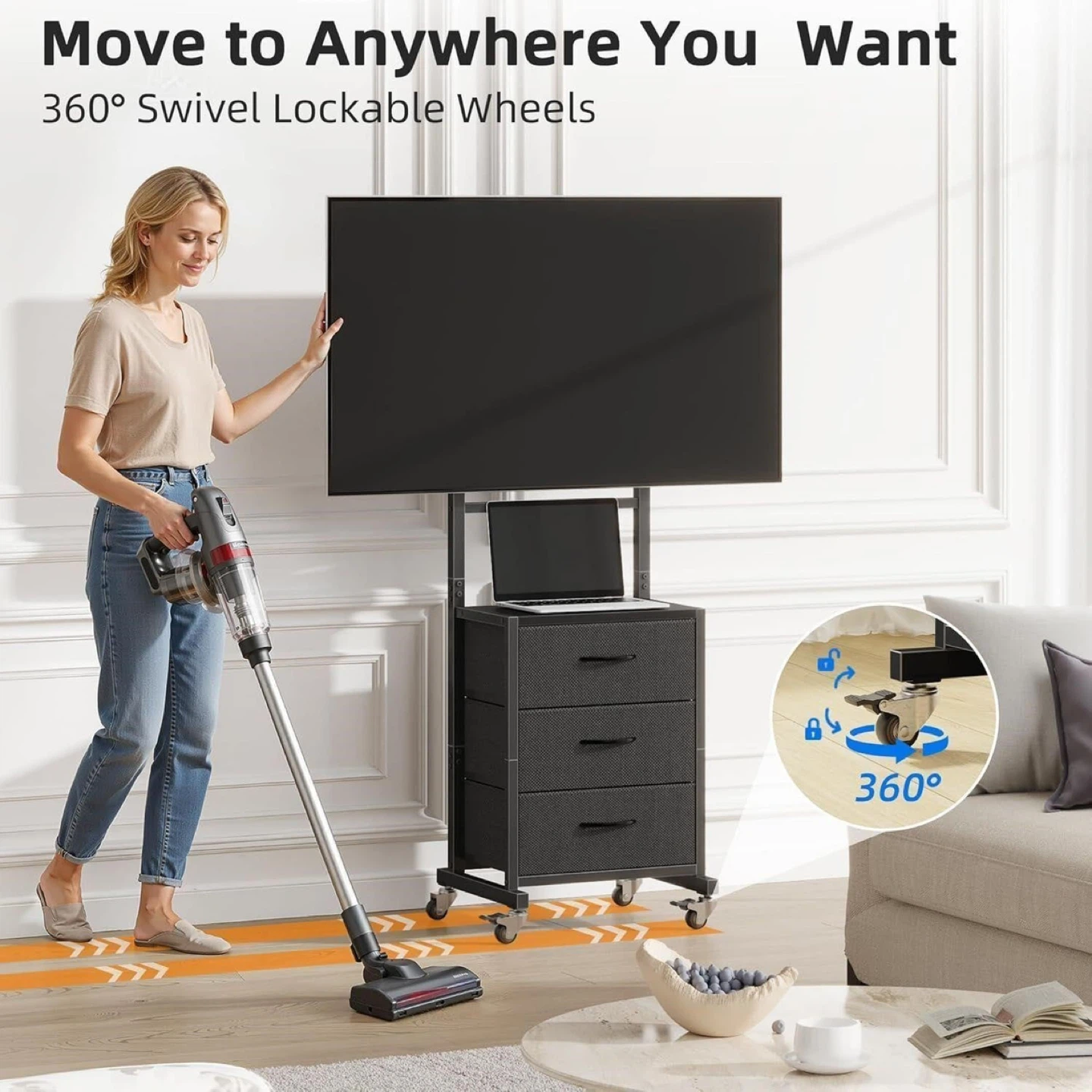 Adjustable Mobile TV Stand with 3 Fabric Drawers - photo 2