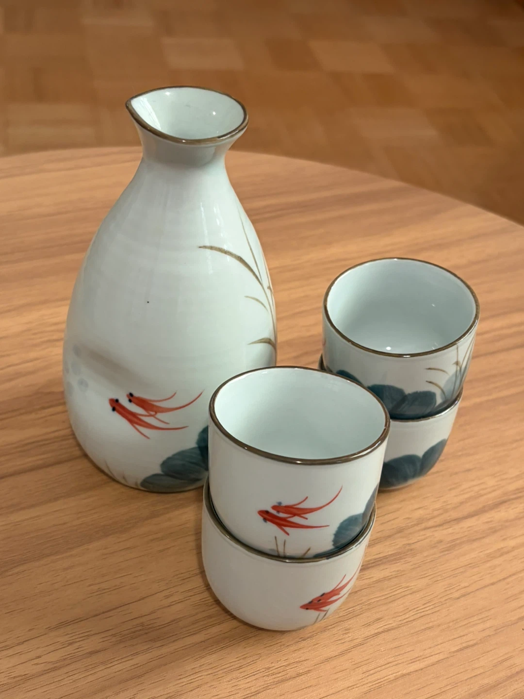 Sake Set with Carafe and 4 Cups - Koi Fish Design