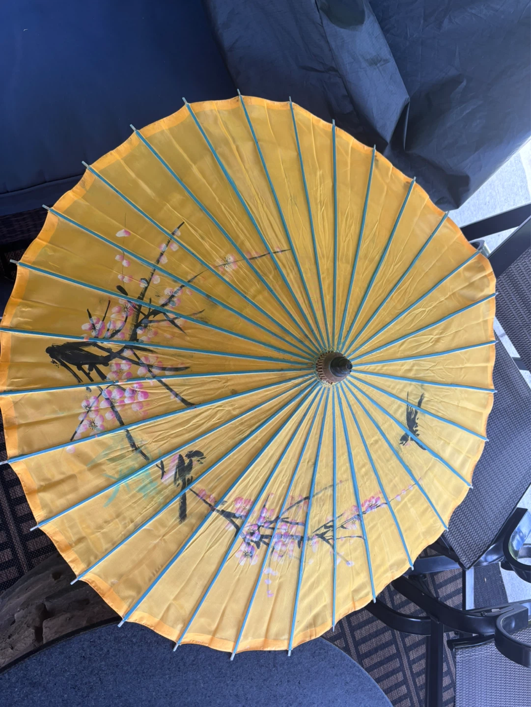 Yellow Asian Parasol with Bird and Blossom Design - photo 4