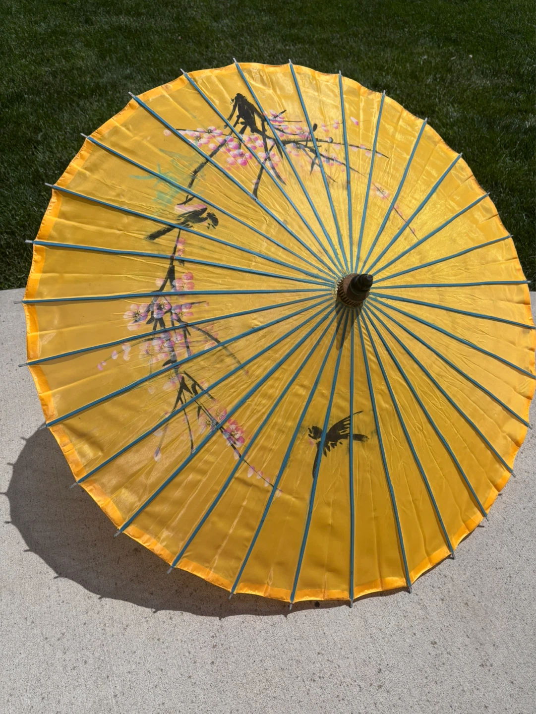 Yellow Asian Parasol with Bird and Blossom Design - photo 2