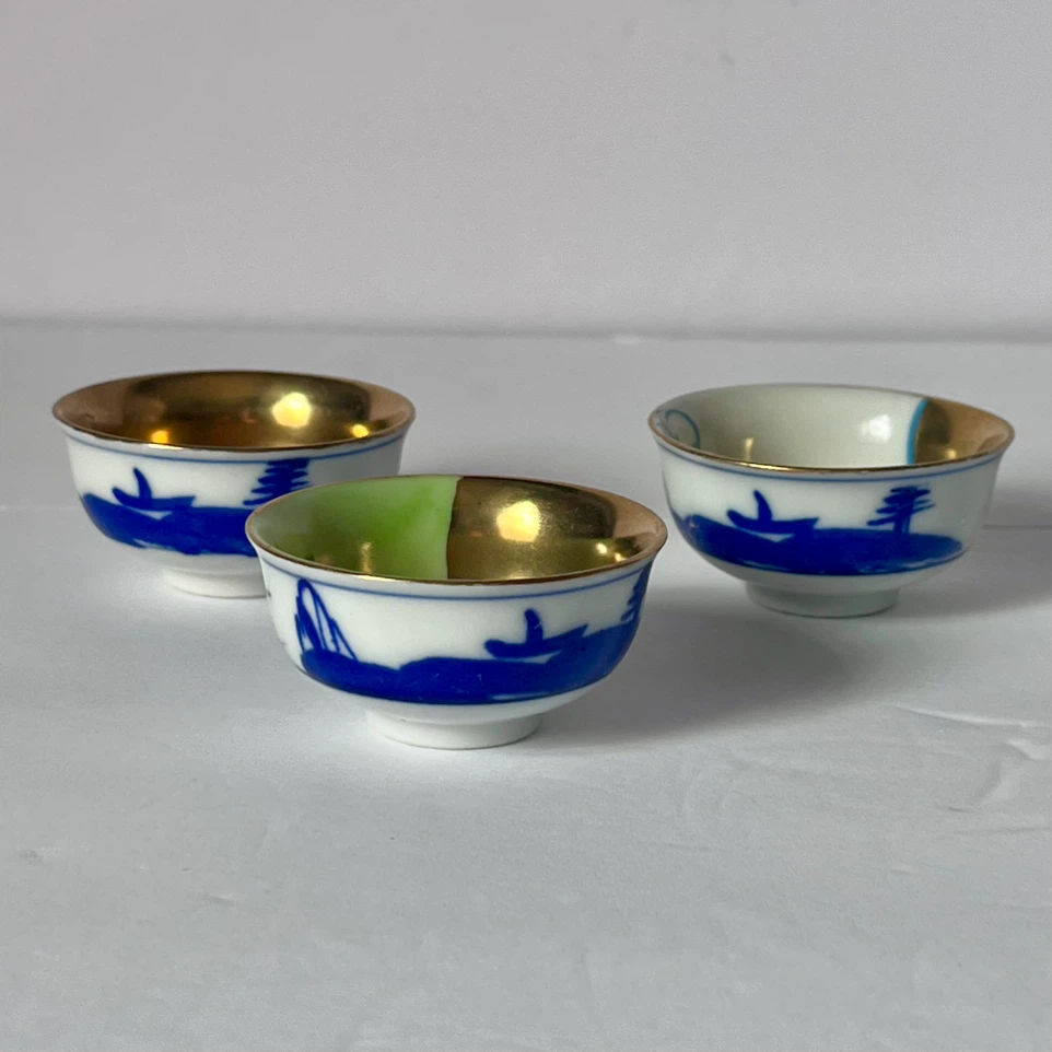 3 Kutani Sake Cups Gods Fortune Handpainted-Japan - photo 2