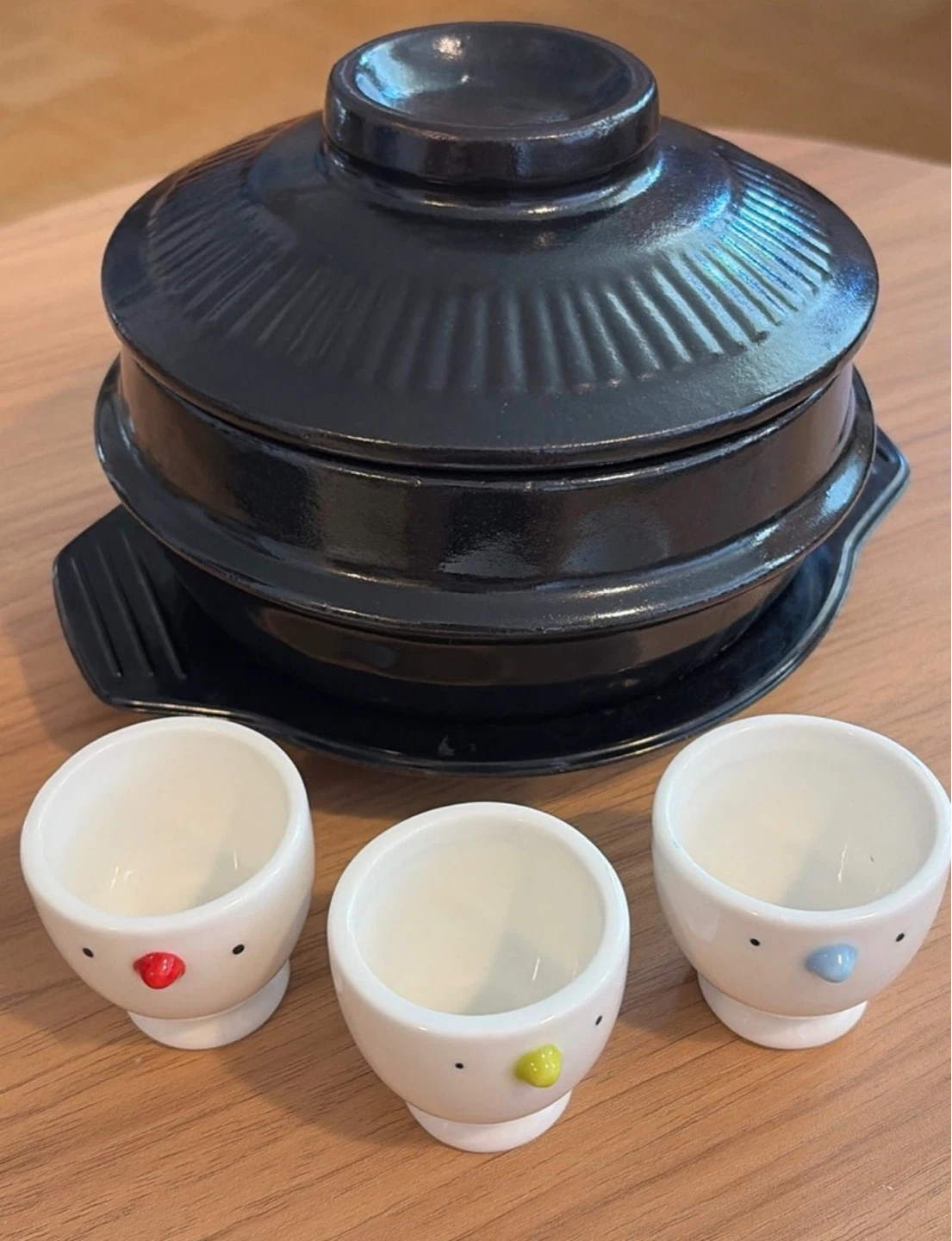 Korean Black ceramic Pot with Cute Chick Egg Cups