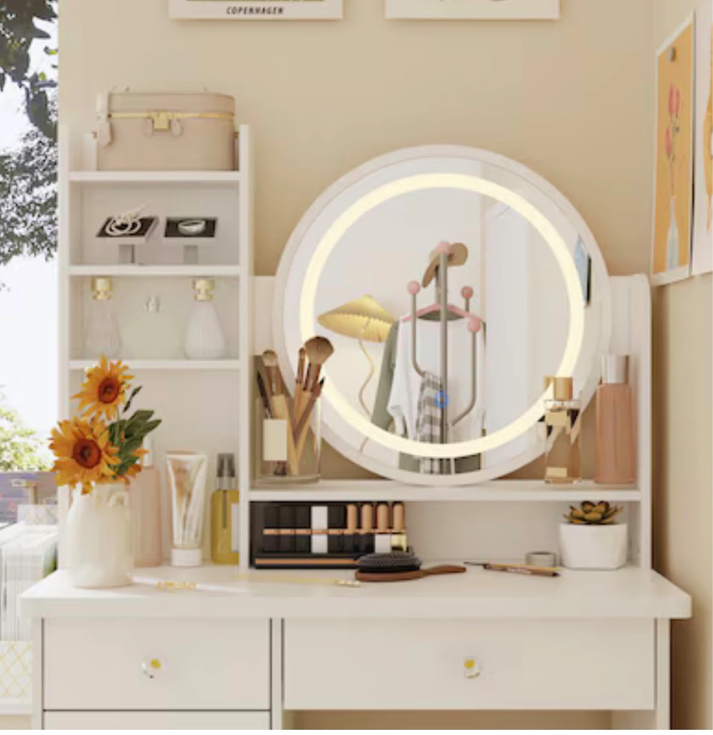 White Vanity Desk with Lighted Mirror and Storage Shelves - photo 2