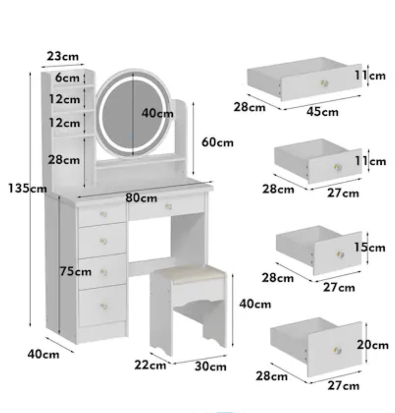 White Vanity Desk with Lighted Mirror and Storage Shelves - photo 4