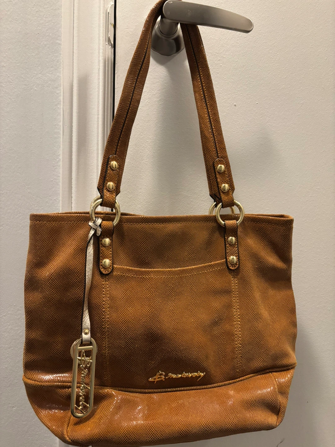 B Makowsky Brown Textured Leather Tote Bag