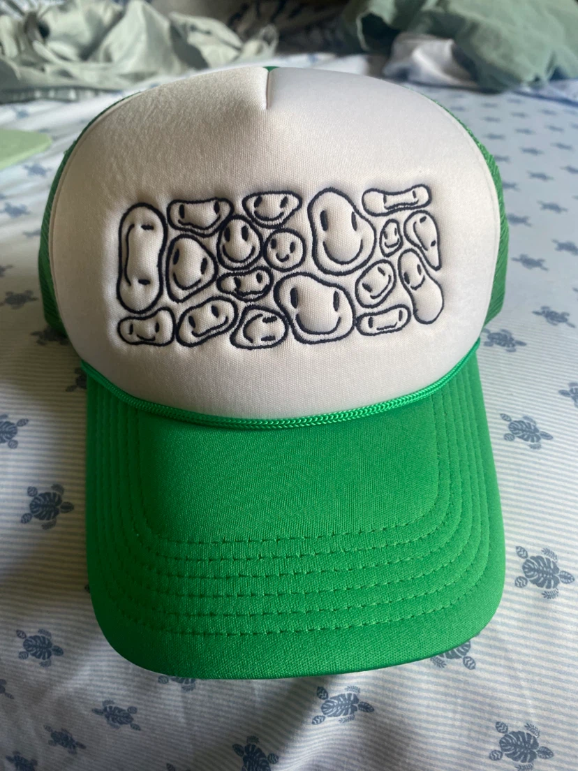 Green & White Trucker Hat with Smiley Face Design