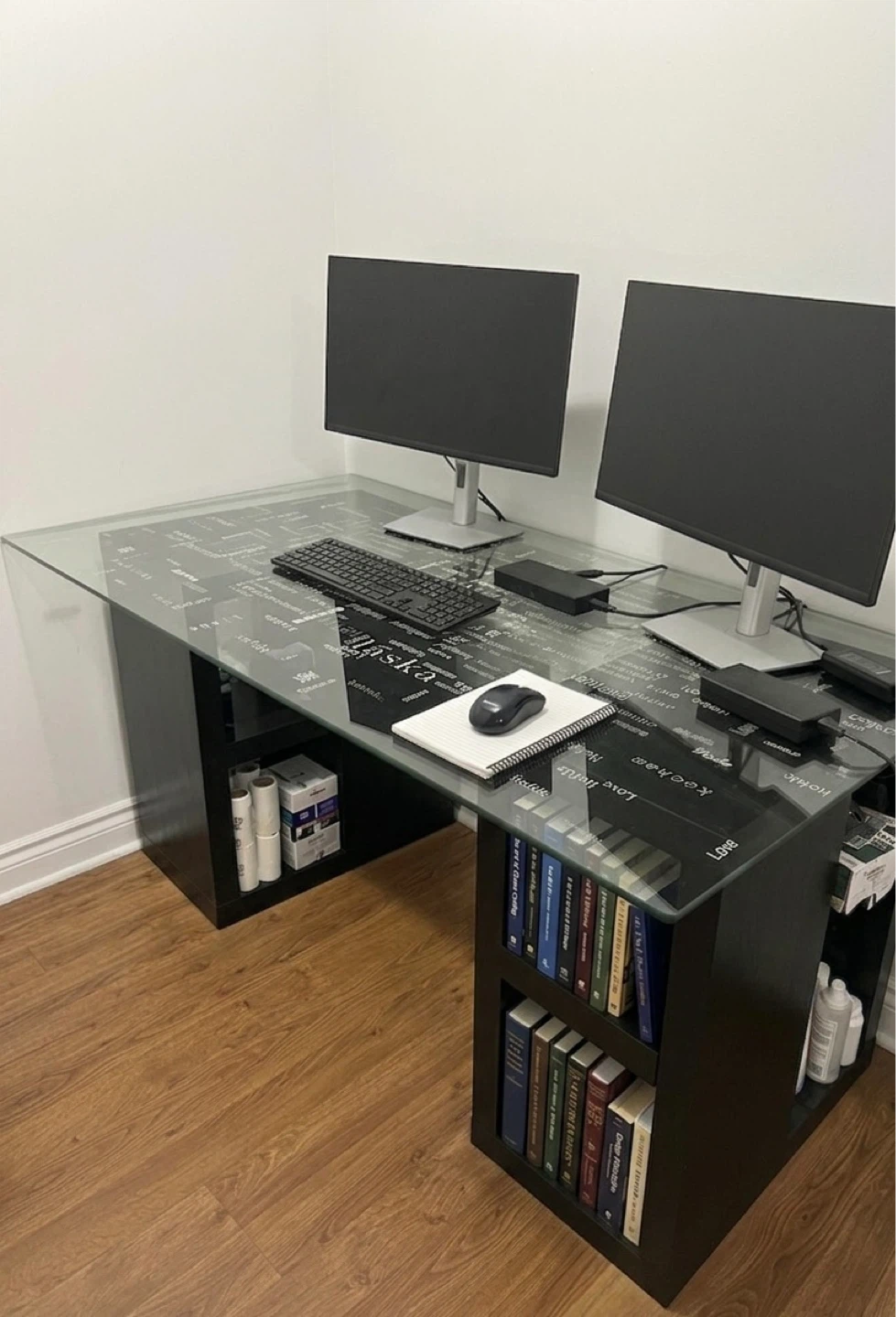 Glass Top Desk / Dining Table with Built-in Shelving