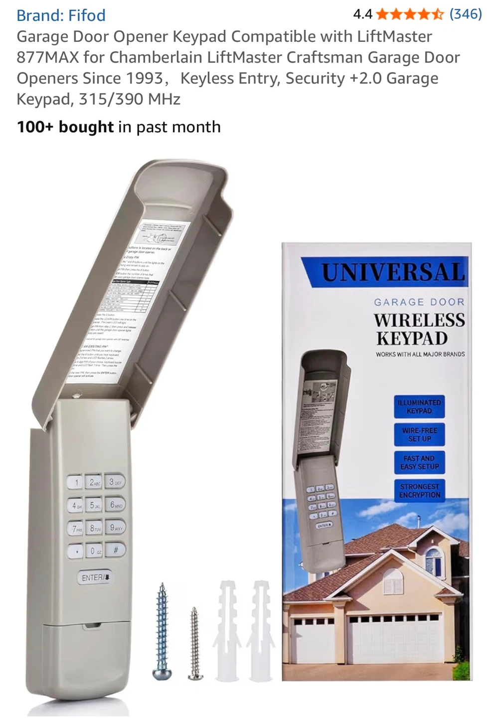 Fifold Garage Door Opener Keypad 877MAX Wireless