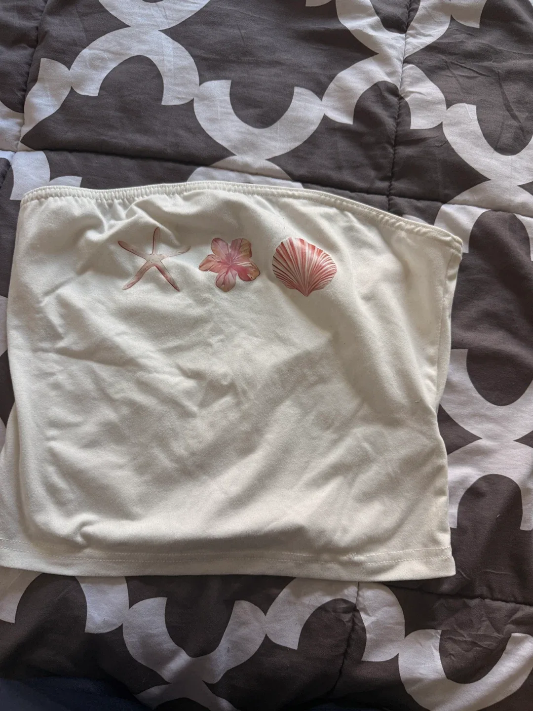 White Strapless Tube Top with Seashell Graphics