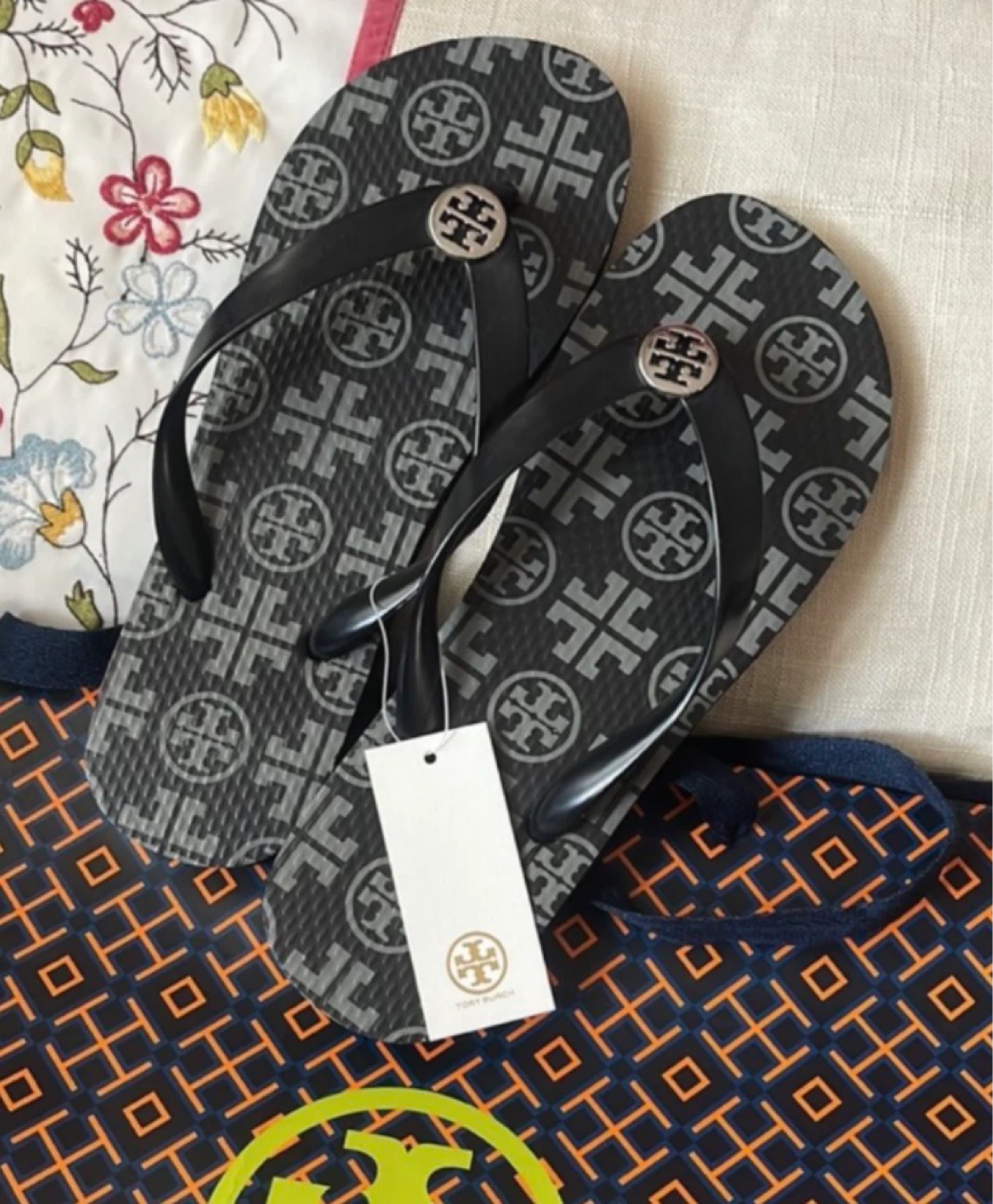 Tory Burch Flip Flops - Black Logo Print
