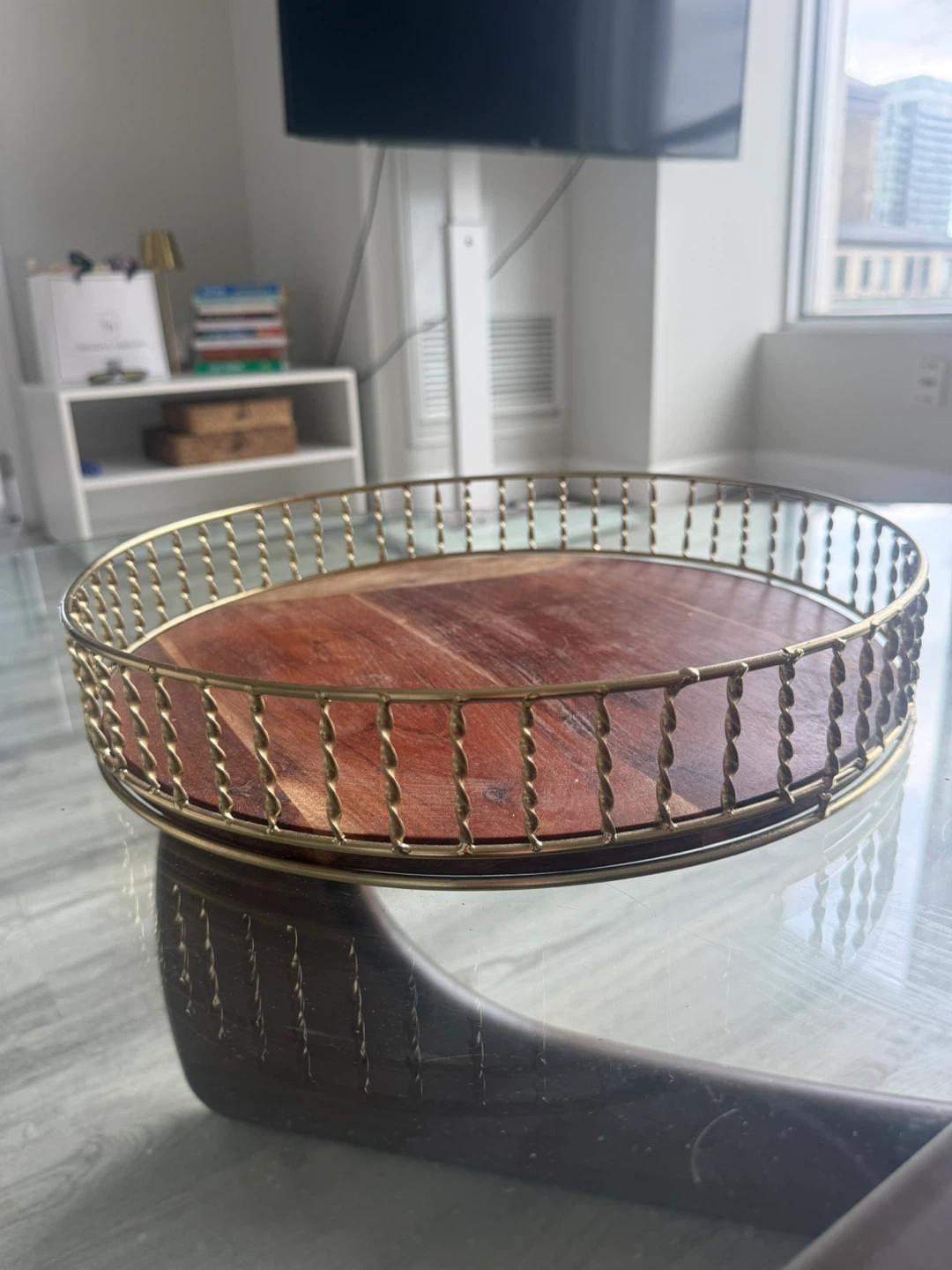 Round Decorative Tray with Wood and Metal Accents - photo 2