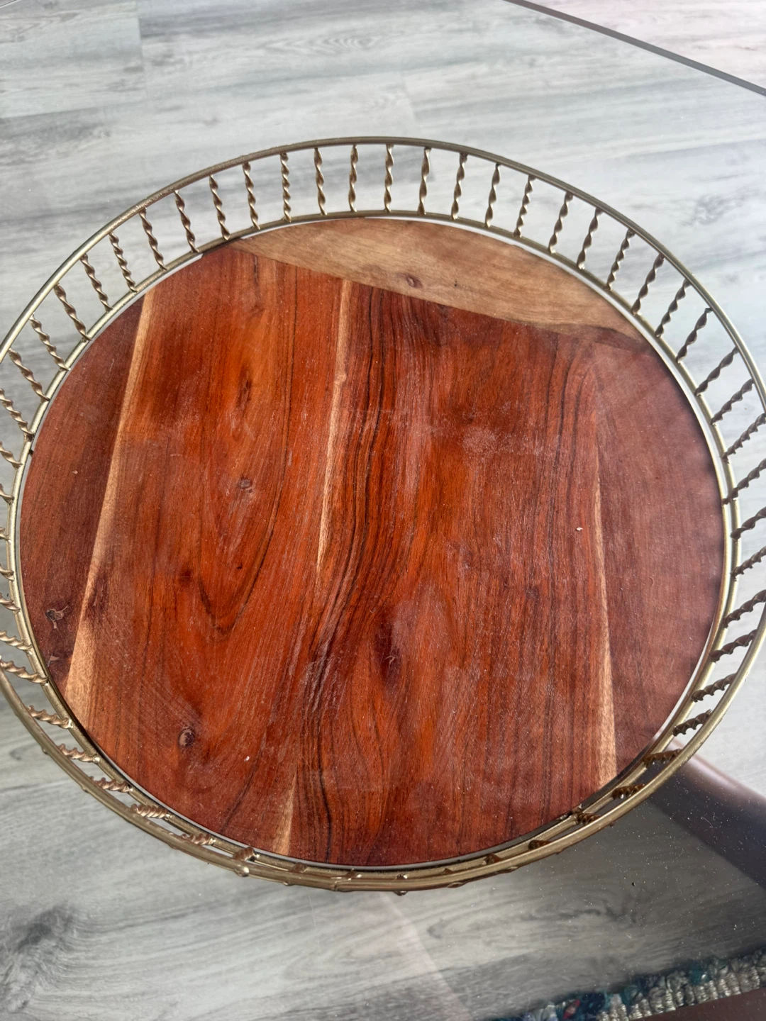 Round Decorative Tray with Wood and Metal Accents