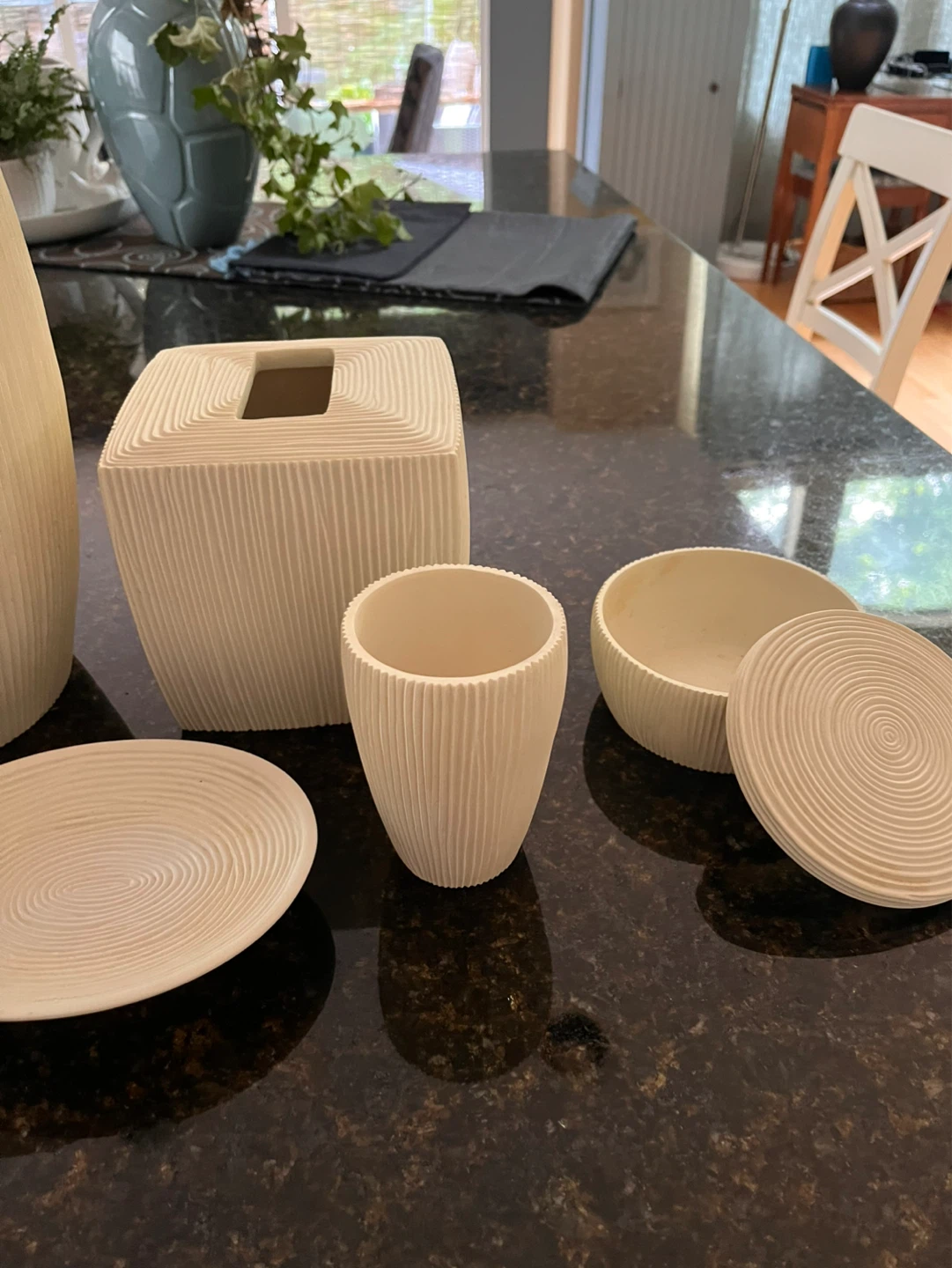 Cream Textured  waste basket and Tissue Box Set