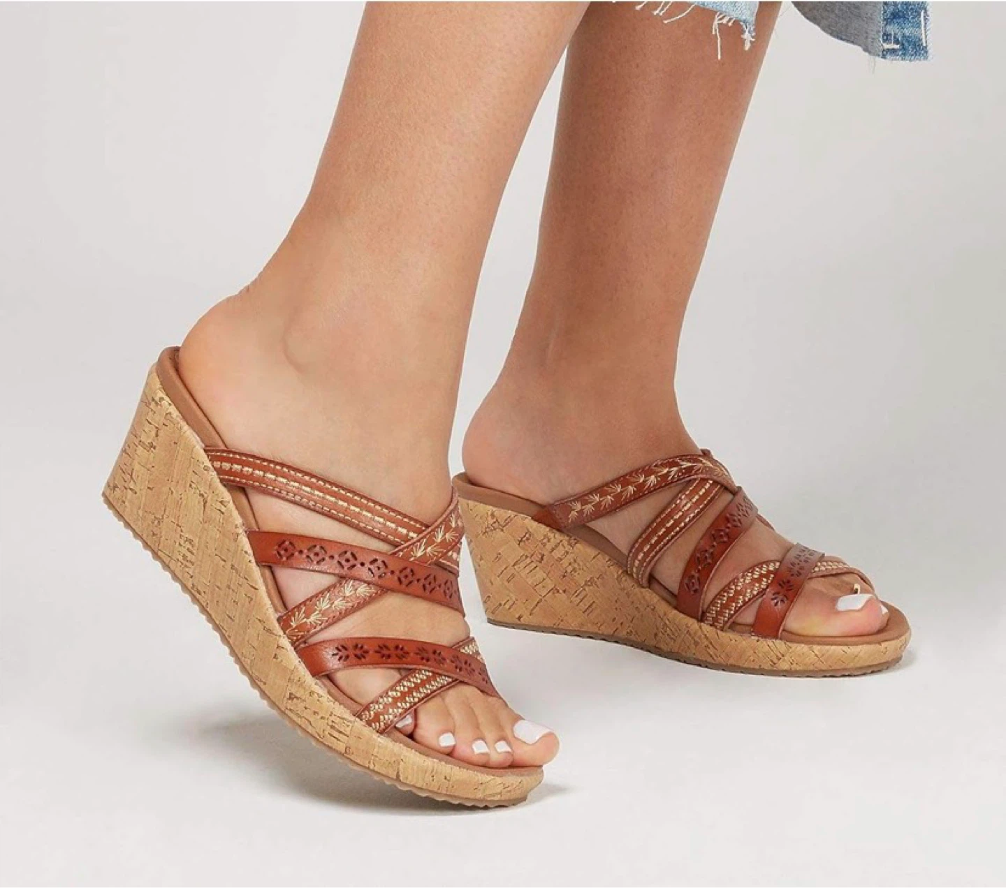 Skechers Women's Wedge Sandals Brown Leather Strappy Cork Size 7