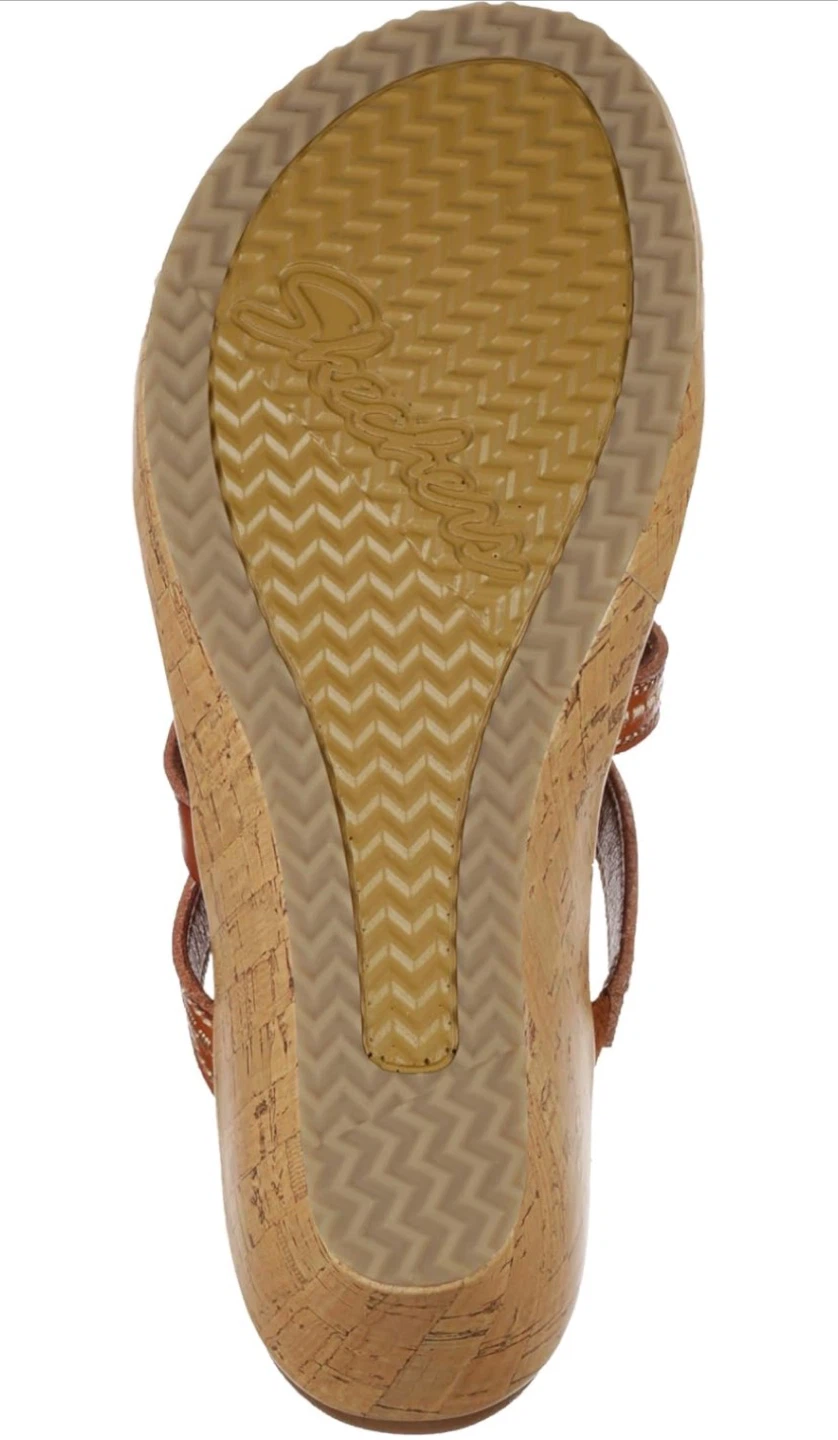 Skechers Women's Wedge Sandals Brown Leather Strappy Cork Size 7 - photo 4