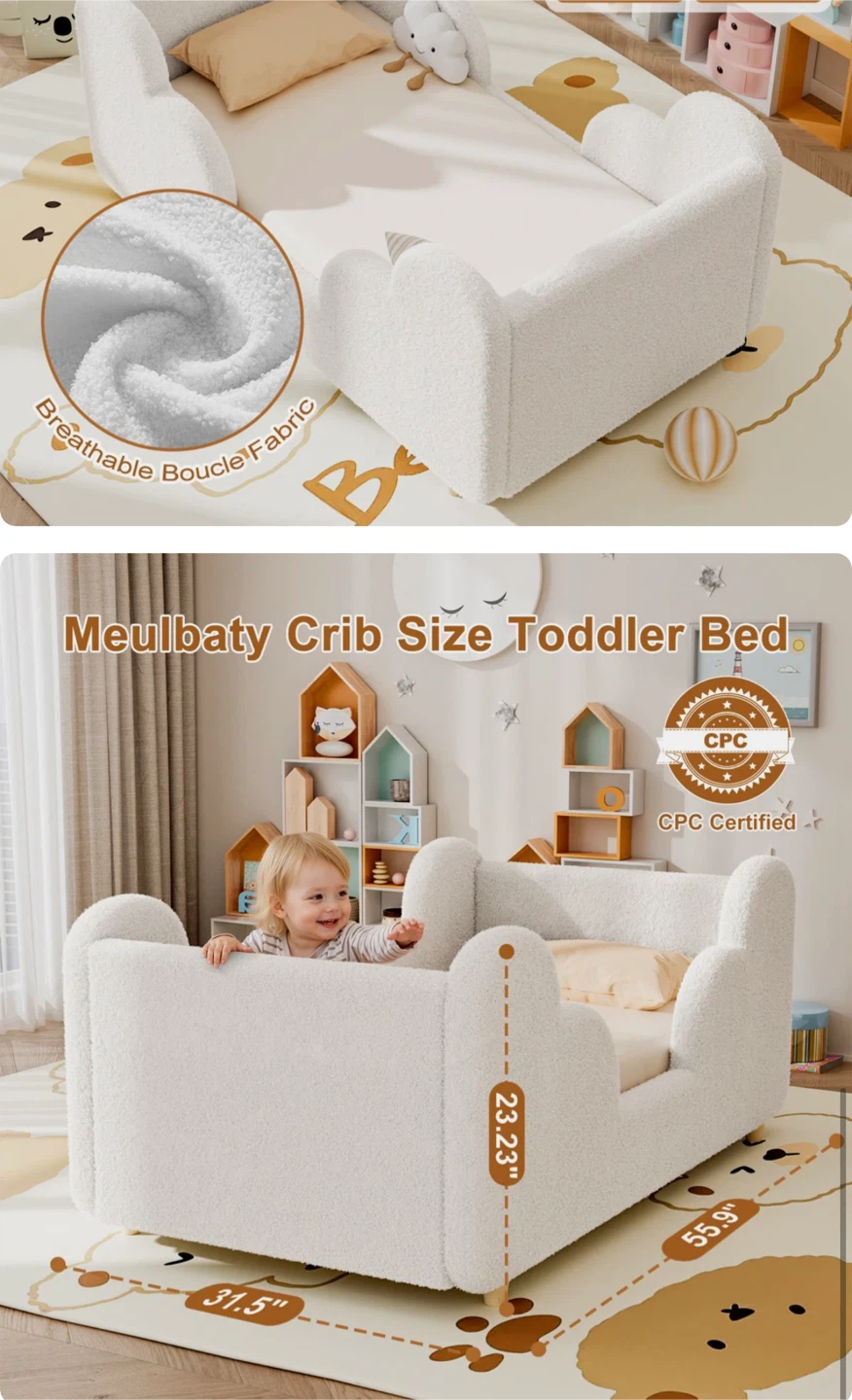 Meulbaty Crib Size Toddler Bed - White Boucle Fabric
