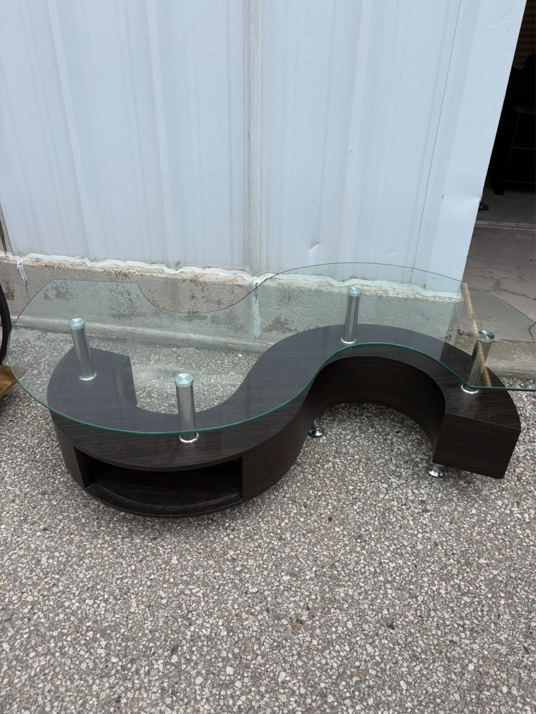 Glass and Dark Wood S-Shaped Coffee Table