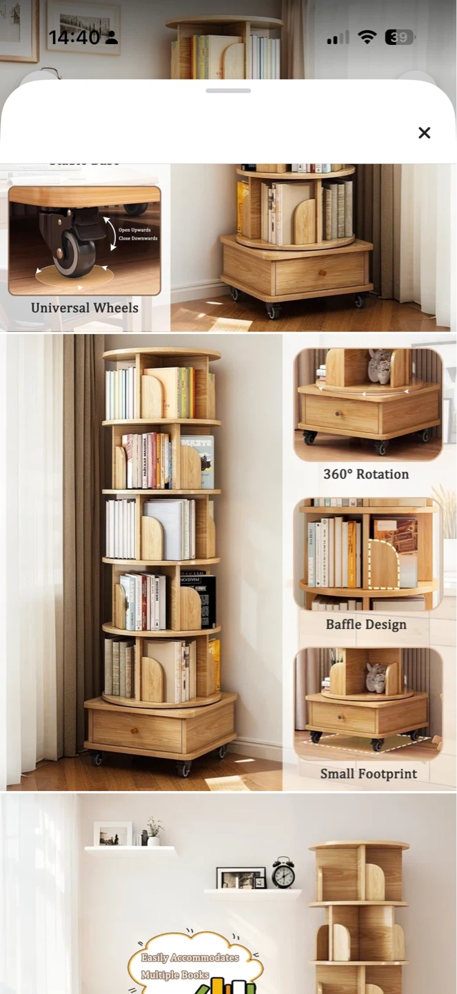 Rotating Bookshelf with Drawer and Wheels - photo 3