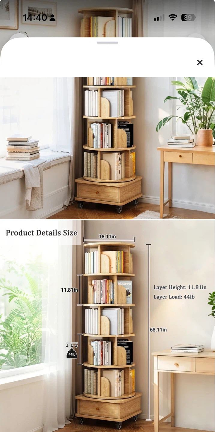 Rotating Bookshelf with Drawer and Wheels