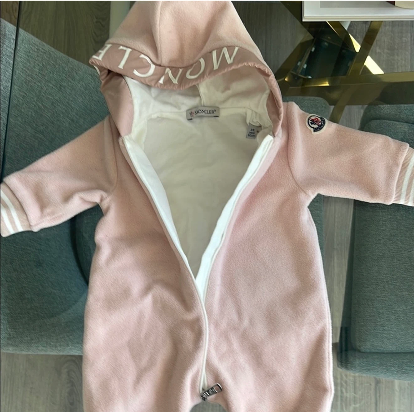 Moncler Baby Snowsuit Bunting Pink Fleece Hooded Zip Size 6M - photo 2