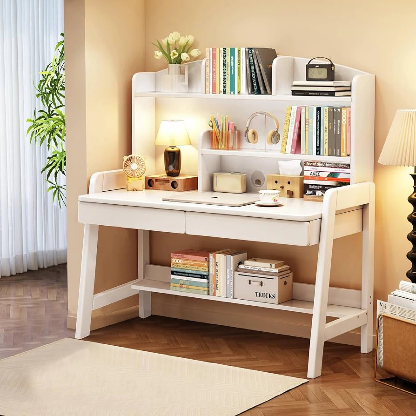 🔥Kids Desk & Table with Drawers and Bookshelf (White)