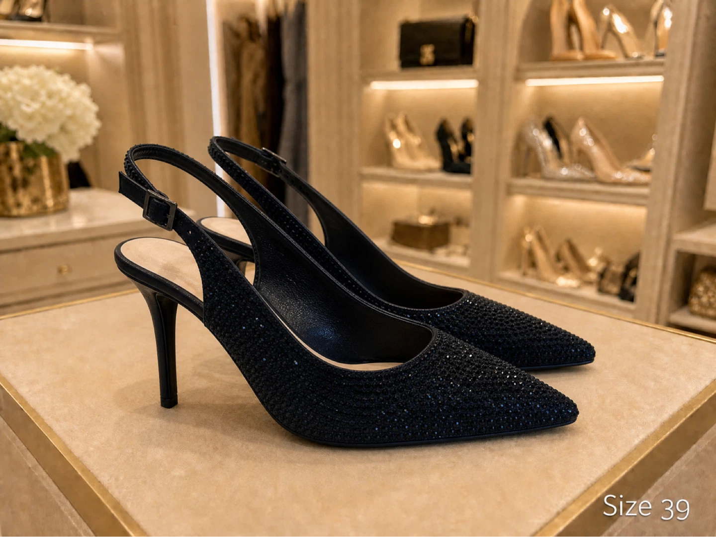 LE CHÂTEAU Black Embellished Slingback Heels - Size 39