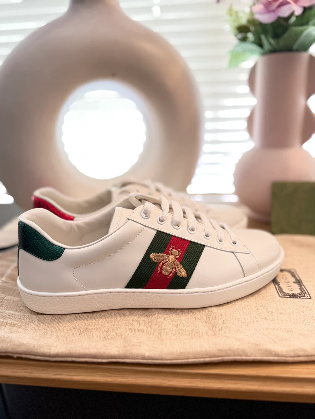 Gucci White Leather Bee Ace Sneakers
