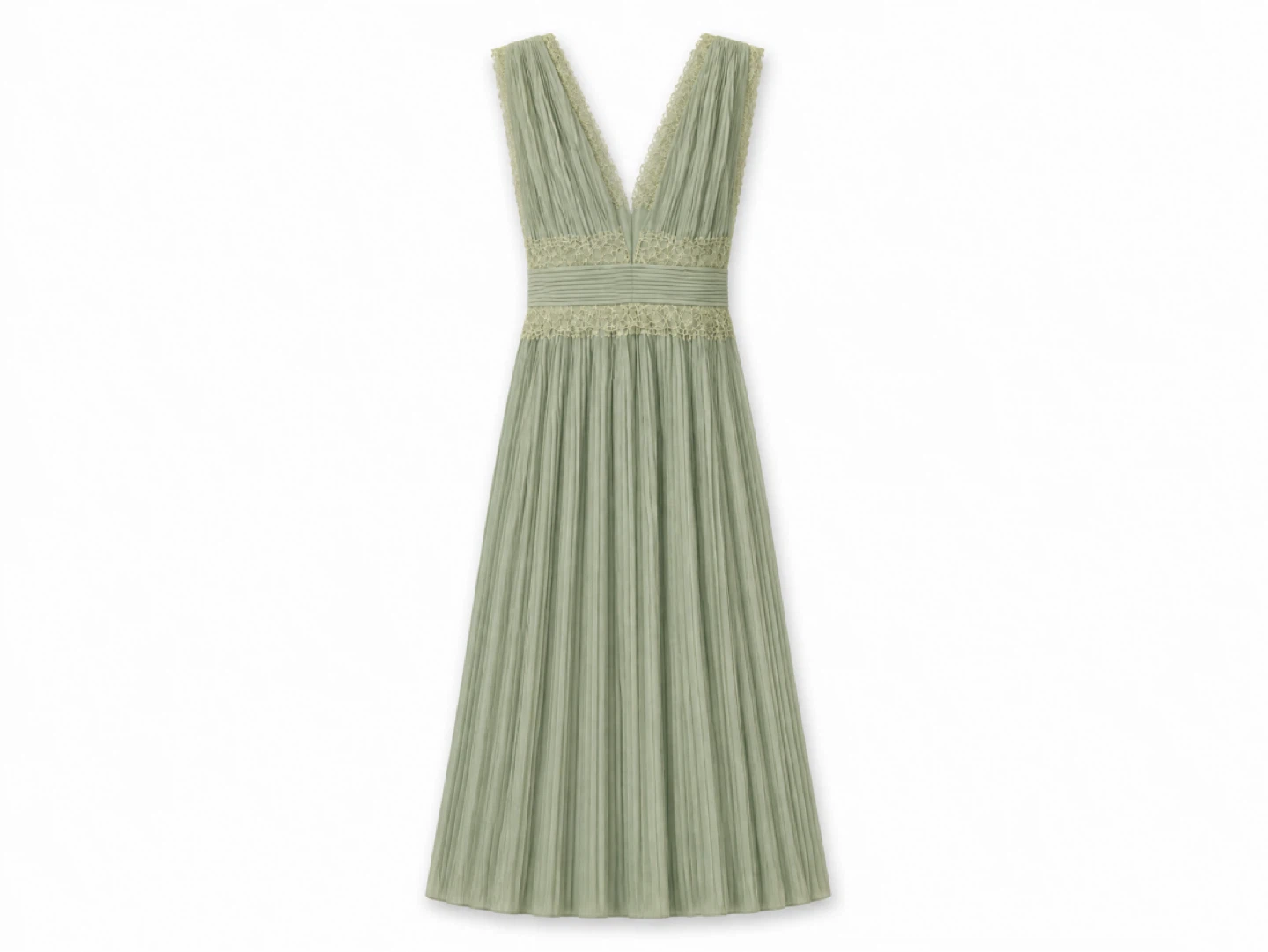 Plissé Midi Dress with Lace Trim