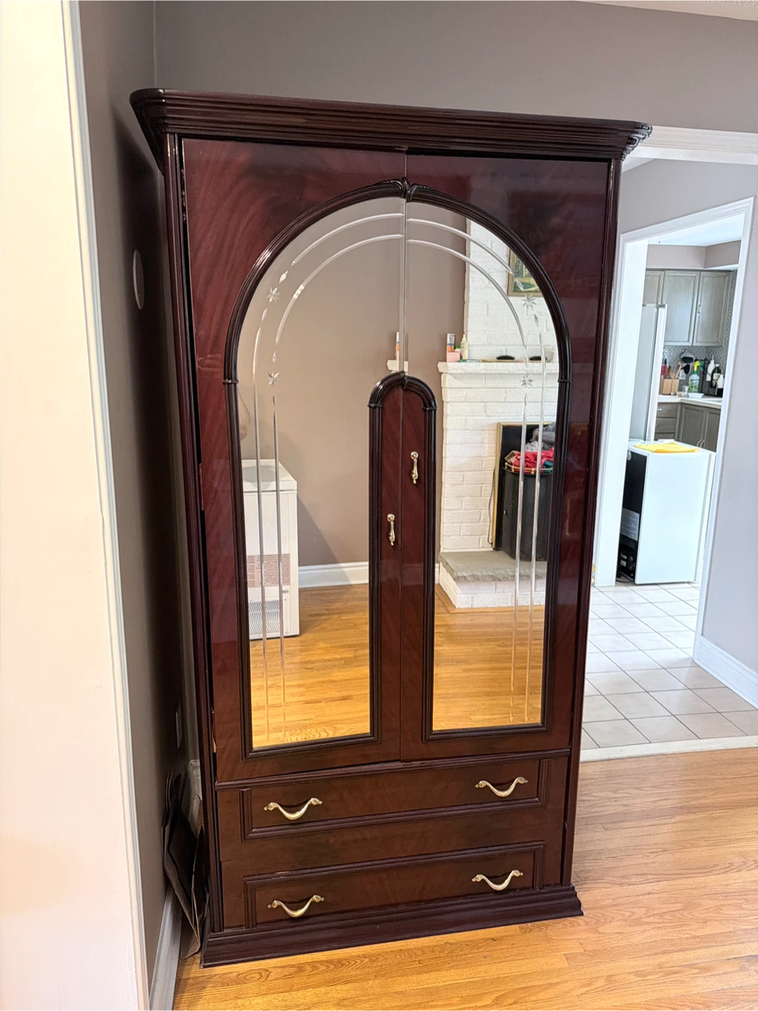 37 X 76 Inch Dark Wood Wardrobe with Mirrored Doors